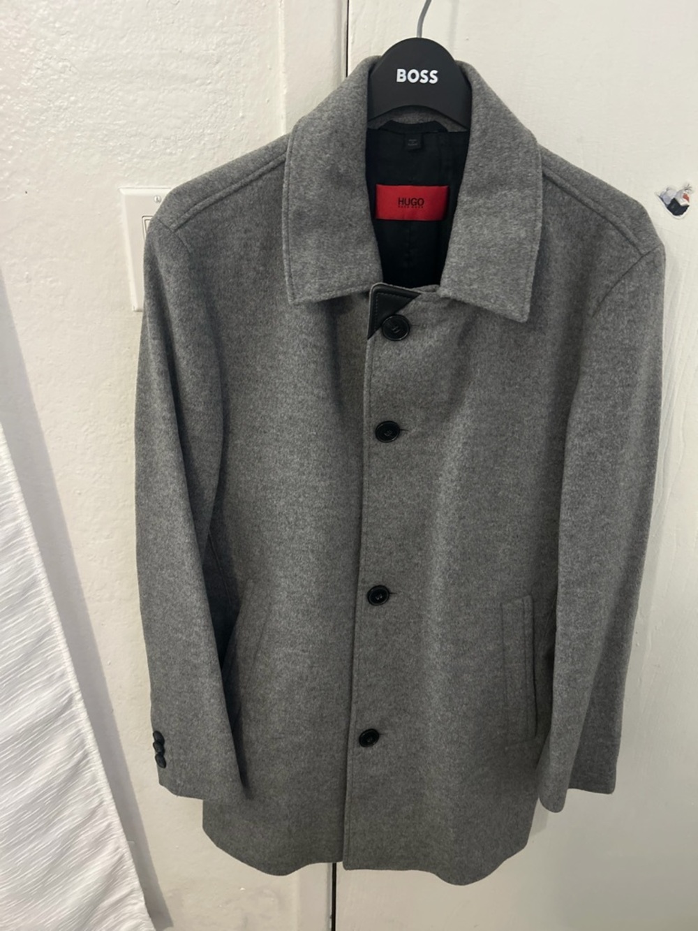 Hugo Boss Men's Gray Single-Breasted Wool Pea Coat
